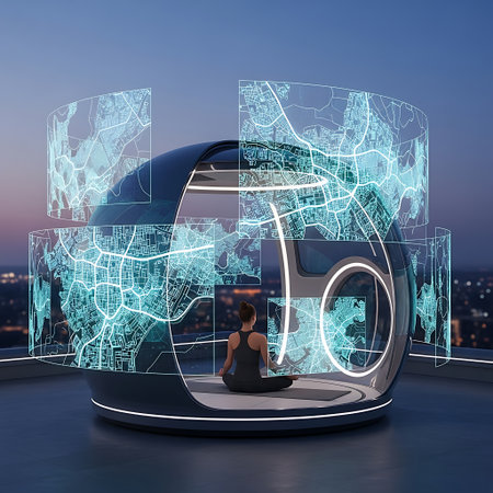 A woman sits in a meditative pose inside a sleek, futuristic pod, surrounded by glowing holographic projections of city maps.の素材
