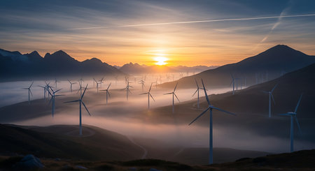 A stunning landscape of a wind farm in a mountain valley covered with thick fog during a colorful and beautiful sunrise, representing renewable energy and nature.の素材