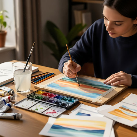 A woman focused on her art, painting a colorful landscape with watercolors. Art supplies are neatly arranged on the table.の素材