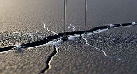 A macro photograph showing clear liquid leaking from a significant fracture in a rough, dark gray material, highlighting structural damage and moisture intrusion.の素材