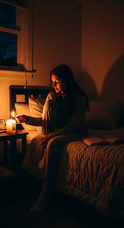 A solitary woman sits on her bed in a dark room, her face illuminated by the warm glow of a single candle as she enjoys a quiet evening.の素材