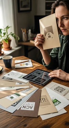 A woman is focused on her work, surrounded by various branding materials and a tablet.の素材