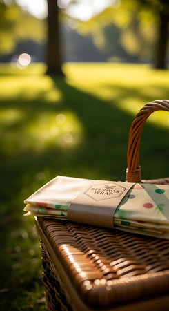 A close-up, vertical shot of a traditional wicker picnic basket with neatly folded napkins on top, bathed in warm sunlight within a lush green park.の素材