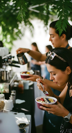 Two women are seen preparing and serving food, possibly at an outdoor event or market. One is pouring from a container, while the other holds a bowl of food.の素材