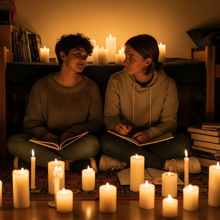 A man and woman sit on the floor surrounded by the warm glow of numerous candles. They hold open books but look at each other, sharing an intimate and peaceful moment at night.の素材