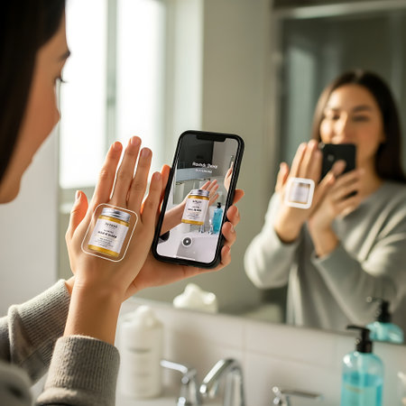 Over the shoulder view of a woman in a bathroom using her smartphone to virtually test a beauty product on her hand with an augmented reality application.の素材