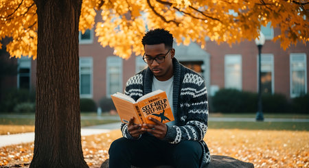 A young Black man wearing glasses and a cardigan sits outside reading a book under a tree with golden autumn leaves.の素材