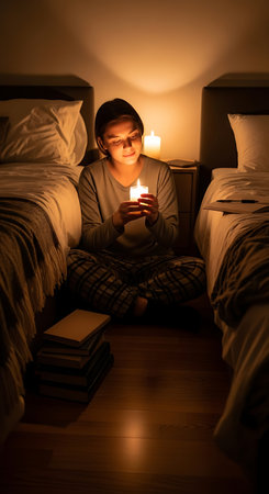 A young woman sits on the floor between two beds, holding a lit candle that illuminates her face and the immediate surroundings during a power outage. A stack of books is beside her.の素材