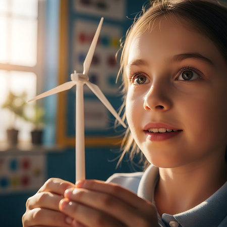 A curious young girl with bright eyes holds a miniature wind turbine, symbolizing her engagement with science and sustainable energy education.の素材