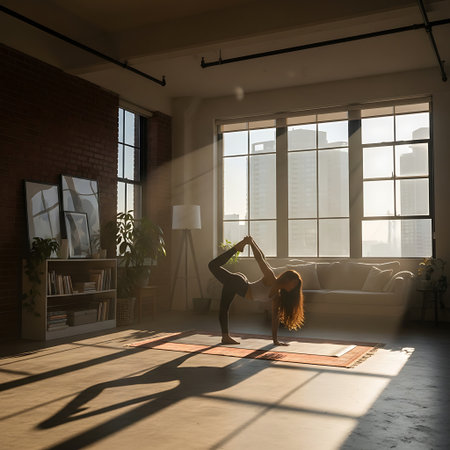 A woman practices yoga on a mat in a bright room with sunlight streaming through large windows, creating shadows.の素材