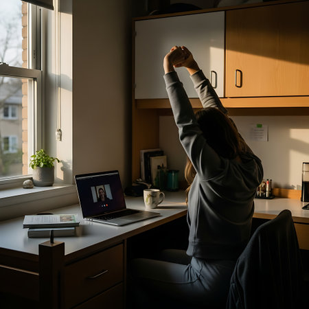 A young woman stretches her arms overhead while working remotely at her desk, illuminated by warm sunlight streaming through a window.の素材