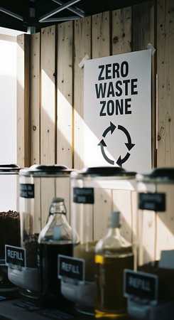 A sign reading 'Zero Waste Zone' with recycling arrows is displayed above glass dispensers filled with bulk goods in a sustainable store.の素材