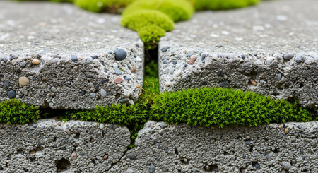 Close-up view of bright green moss growing vigorously in the cracks of a gray concrete surface, showcasing nature's resilience.の素材