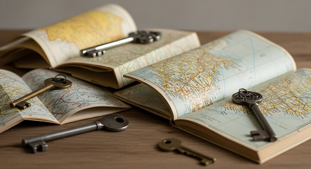 A collection of antique keys resting on open, aged maps, spread across a rustic wooden surface, evoking a sense of exploration and discovery.の素材
