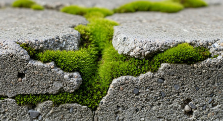 Close-up view of bright green moss growing vigorously within the crevices of a weathered concrete surface, showcasing the persistent power of nature to reclaim and thrive in unexpected places.の素材