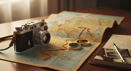 A classic film camera, a golden compass, and an old map are laid out on a warm wooden table, suggesting preparation for a journey or exploration. The scene evokes a sense of nostalgia and wanderlust.の素材