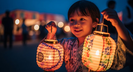 A smiling young child, dressed in a traditional Japanese yukata, holds two illuminated paper lanterns, one in each hand, during a vibrant summer festival as twilight descends.の素材