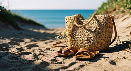 A close-up view of a woven straw bag and brown leather sandals resting on a sun-drenched sandy path, with the sparkling blue ocean visible in the background under a clear sky.の素材