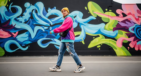 A trendy young man in a colorful jacket, ripped jeans, and a yellow beanie walks confidently in front of a dynamic, brightly painted graffiti wall, showcasing urban street style and artistic expressi.の素材