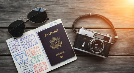 A flat lay of travel essentials including a US passport, an open passport with stamps, vintage camera, and sunglasses, all resting on a rustic wooden surface, bathed in warm sunlight.の素材
