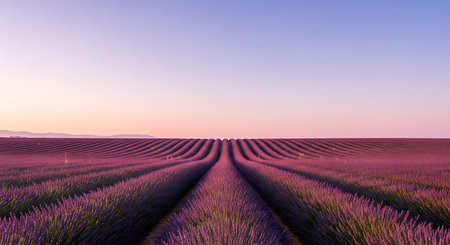 A breathtaking view of endless lavender fields stretching towards the horizon under a vibrant sunset sky in Provence, France.の素材