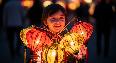 A young child with a joyful expression holds a cluster of glowing, colorful traditional lanterns during an evening celebration, illuminating their face against a dark background.の素材