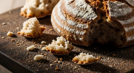 Close-up of a freshly baked, rustic sourdough loaf with a golden-brown, crispy crust and a soft, airy interior, resting on a wooden cutting board with scattered crumbs, highlighting its artisanal qua.の素材