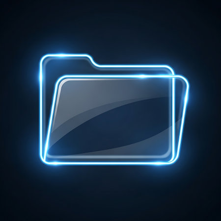 A glowing neon blue outline of a folder icon, with a glossy, transparent appearance, set against a dark, minimalist background. The design evokes a sense of digital technology and data organization.の素材