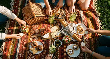 An overhead shot captures a group of friends gathered around a vibrant blanket, sharing a delicious picnic spread.の素材