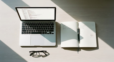 An overhead shot of a modern workspace featuring a silver laptop, an open notebook with a pen, and a pair of reading glasses.の素材