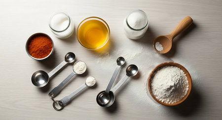 An overhead shot showcasing an assortment of baking ingredients like flour, sugar, and oil, alongside different measuring spoons and cups, neatly arranged on a clean, light-colored surface, highlight.の素材