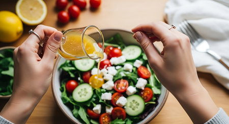 An overhead shot captures hands carefully drizzling a golden dressing over a colorful salad, featuring crisp greens, sliced cucumbers, cherry tomatoes, and crumbled feta cheese, all arranged in a rus.の素材