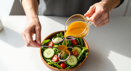 Close-up shot of hands pouring a golden-orange dressing from a glass pitcher onto a colorful salad, featuring fresh greens, sliced cucumbers, red onions, and cherry tomatoes in a rustic wooden bowl, .の素材