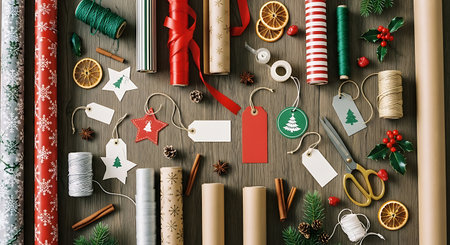 A flat lay composition showcasing an assortment of festive Christmas gift wrapping materials, including rolls of paper, colorful ribbons, decorative tags, dried orange slices, cinnamon sticks, and sc.の素材