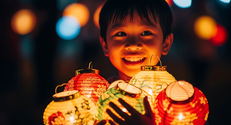 A young Asian boy with a bright smile holds several colorful, illuminated traditional lanterns in a dimly lit setting, creating a warm and festive atmosphere.の素材