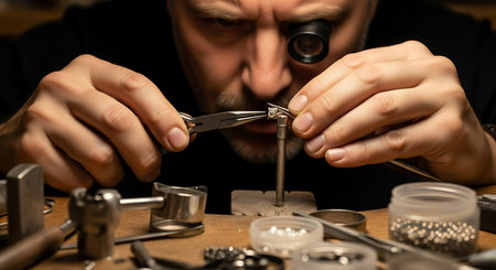 A skilled jeweler, wearing a magnifying loupe, intently works on a piece of jewelry, using specialized tools to set a small stone into a ring.の素材