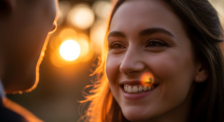 A close-up shot of a joyful young woman with a radiant smile, looking lovingly at her partner.の素材