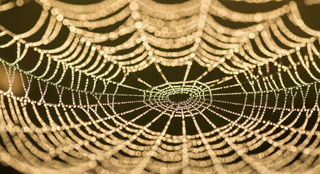 A close-up shot of a delicate spiderweb, intricately woven and covered in tiny dew drops, sparkling against a dark background, highlighting the natural beauty and engineering of nature.の素材