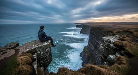 A solitary figure sits on the edge of a rugged cliff, gazing out at the expansive, turbulent ocean.の素材