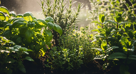 A close-up view of various fresh green herbs, including basil and rosemary, thriving in an outdoor garden.の素材