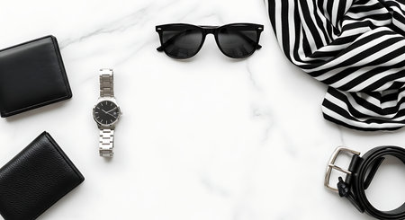 A top-down view of men's fashion essentials including sunglasses, a watch, wallets, a belt, and a striped shirt, all arranged on a clean white marble surface.の素材