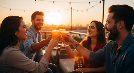 Four happy friends are toasting with colorful cocktails on a rooftop bar, enjoying a beautiful sunset and lively conversation. The warm light illuminates their faces as they celebrate together.の素材