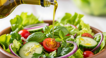 Close-up of a vibrant, healthy garden salad featuring crisp lettuce, cherry tomatoes, cucumber slices, red onion, and fresh basil, with olive oil drizzled from a bottle.の素材