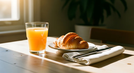 A delicious breakfast scene featuring a golden-brown croissant on a white plate next to a refreshing glass of orange juice, bathed in warm morning sunlight on a rustic wooden table.の素材
