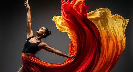 A graceful dancer in a black leotard and a vibrant red and orange flowing skirt, captured mid-movement against a dark background, showcasing elegance and dynamic motion.の素材