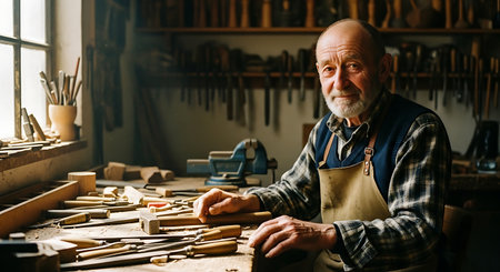 An experienced senior craftsman with a beard sits at his workbench, surrounded by various woodworking tools and pieces of wood, in a well-lit workshop.の素材