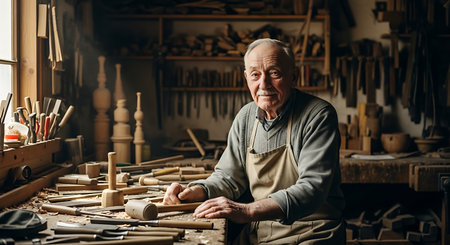 An elderly craftsman, with a warm smile, sits proudly amidst his tools and wooden creations in his rustic workshop, showcasing a lifetime of dedication to his craft.の素材