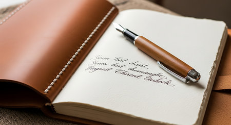 A close-up shot of an open, handcrafted leather journal featuring a vintage fountain pen resting on a page with elegant handwritten script, evoking a sense of nostalgia and thoughtful reflection.の素材