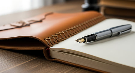 A close-up shot of a classic fountain pen with a gold nib resting on the blank pages of an open journal, which is bound in rich brown leather with intricate stitching.の素材