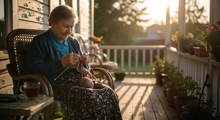 An elderly woman sits comfortably in a wicker chair on a wooden porch, engrossed in knitting.の素材